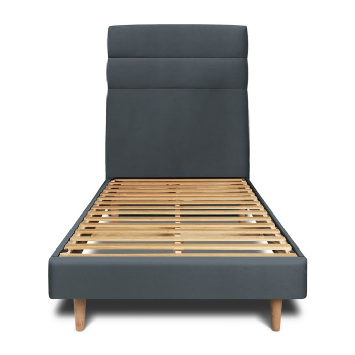 Lit avec tête de lit bandes horizontales velours et sommier kit Ep14