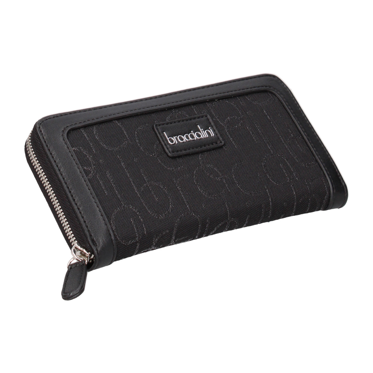 Portafoglio zip round in tessuto, scomparti interni. Rifinitura in sintetico effetto pelle liscia, tono su tono. Metalleria dorata. 18x10,5x3 cm