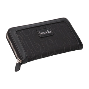 Portafoglio zip round in tessuto, scomparti interni. Rifinitura in sintetico effetto pelle liscia, tono su tono. Metalleria dorata. 18x10,5x3 cm