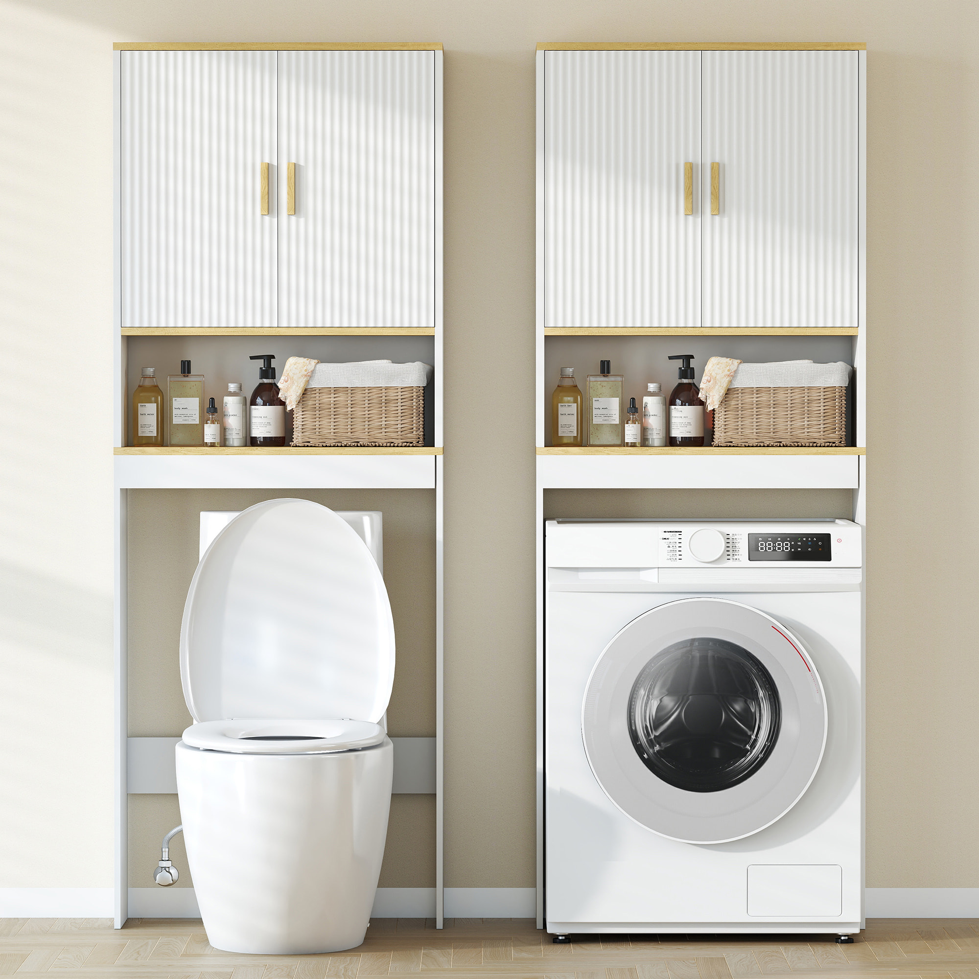 Estantería para Baño sobre Inodoro, Mueble Organizador de Baño de 3 Niveles con Estante Abierto, 2 Puertas y Estante Ajustable, 64x20x170,5 cm, Blanco