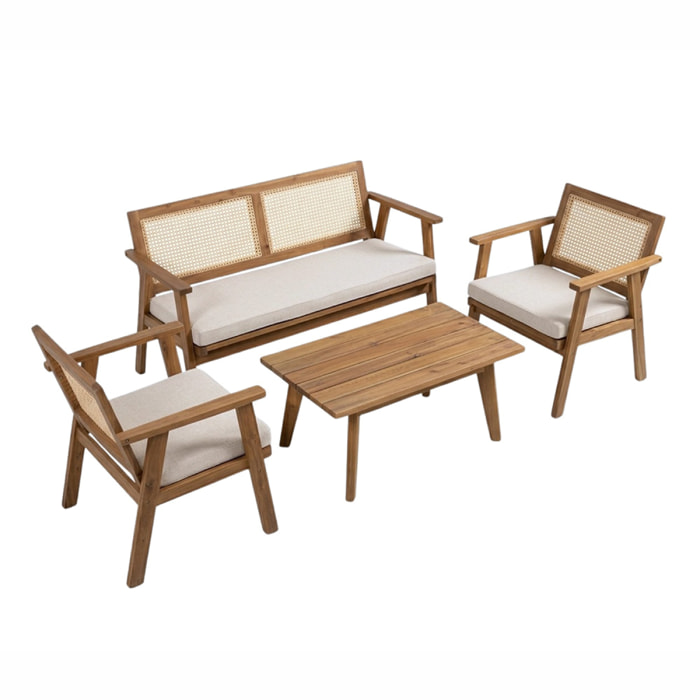 Salon de jardin 4 places en acacia et cannage HOA