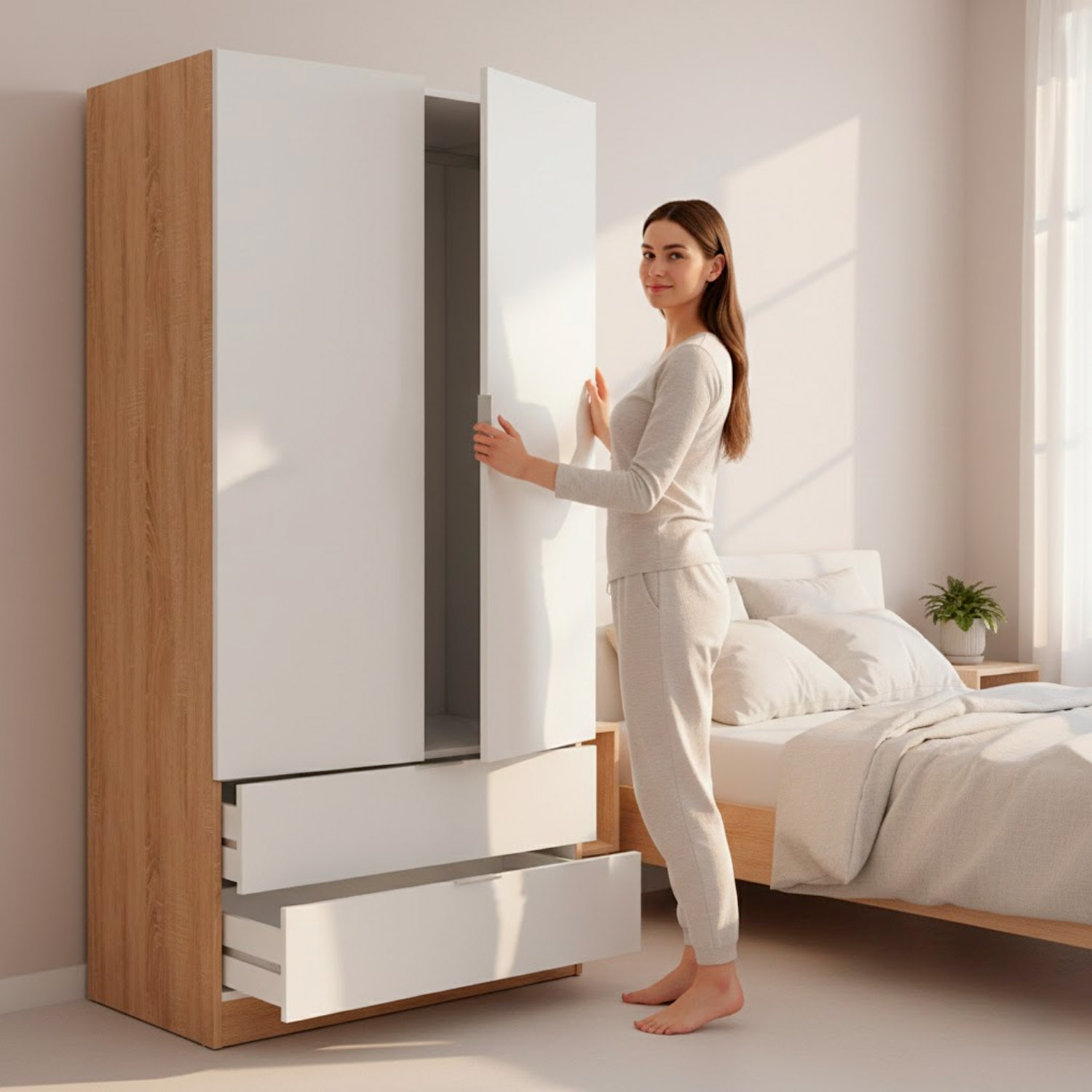 Armadio Guardaroba Con 2 Ante Battenti Asta Appendiabiti E 2 Cassetti Design Moderno Stile Nordico 80 x 52 x 180 Cm Bianco e Rovere