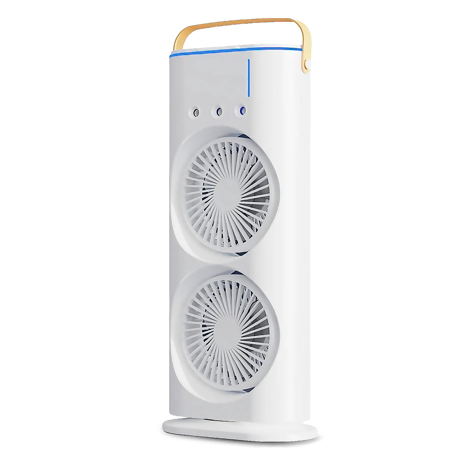 Ventilador torre RGB de doble cabezal con niebla de enfriamiento, 3 velocidades, oscilación de 90° y control remoto.
