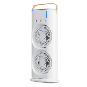 Ventilador torre RGB de doble cabezal con niebla de enfriamiento, 3 velocidades, oscilación de 90° y control remoto.