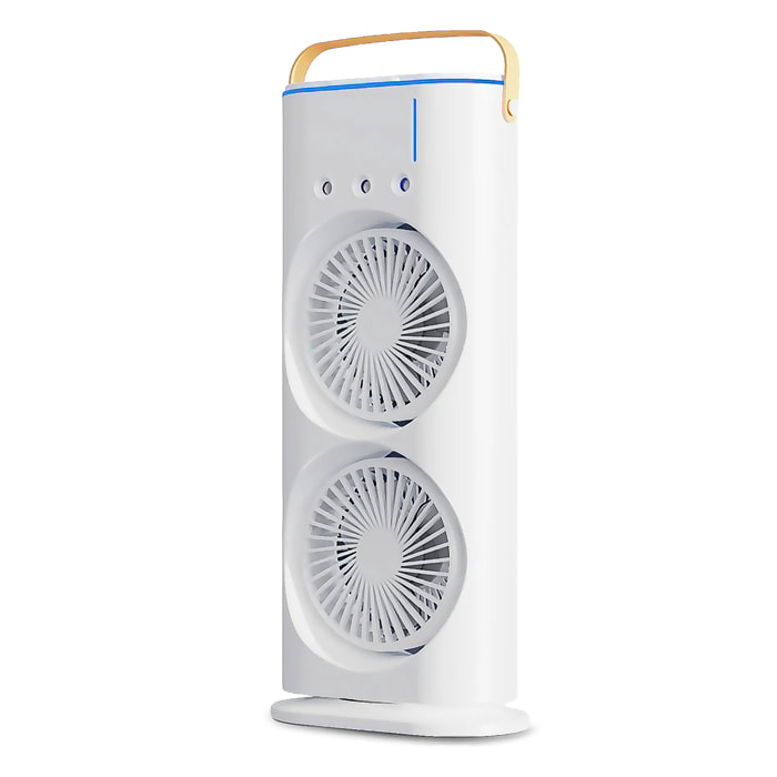 Ventilador torre RGB de doble cabezal con niebla de enfriamiento, 3 velocidades, oscilación de 90° y control remoto.