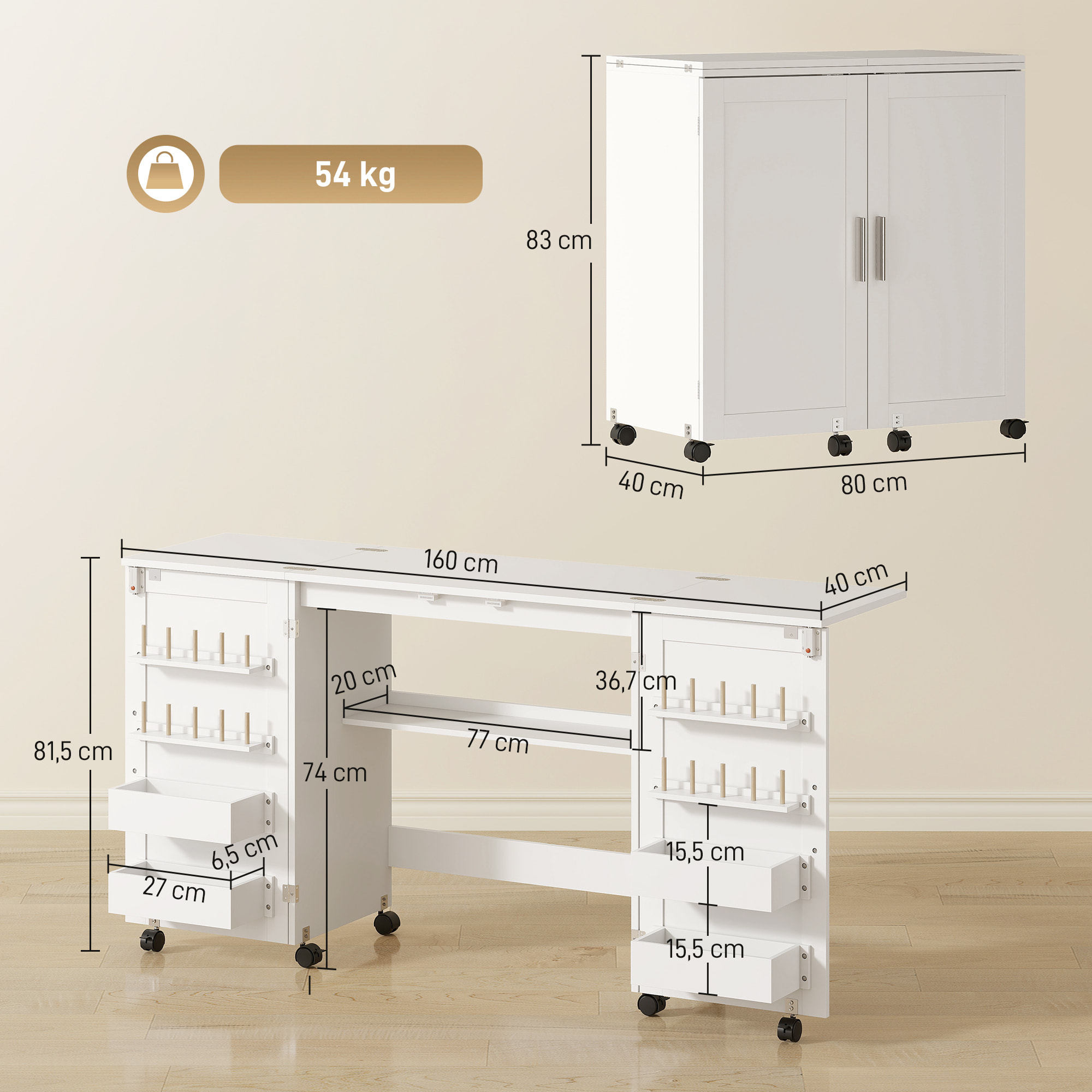 Table de couture pliable sur roulettes - 4 bacs, 20 porte-bobines, étagère - blanc