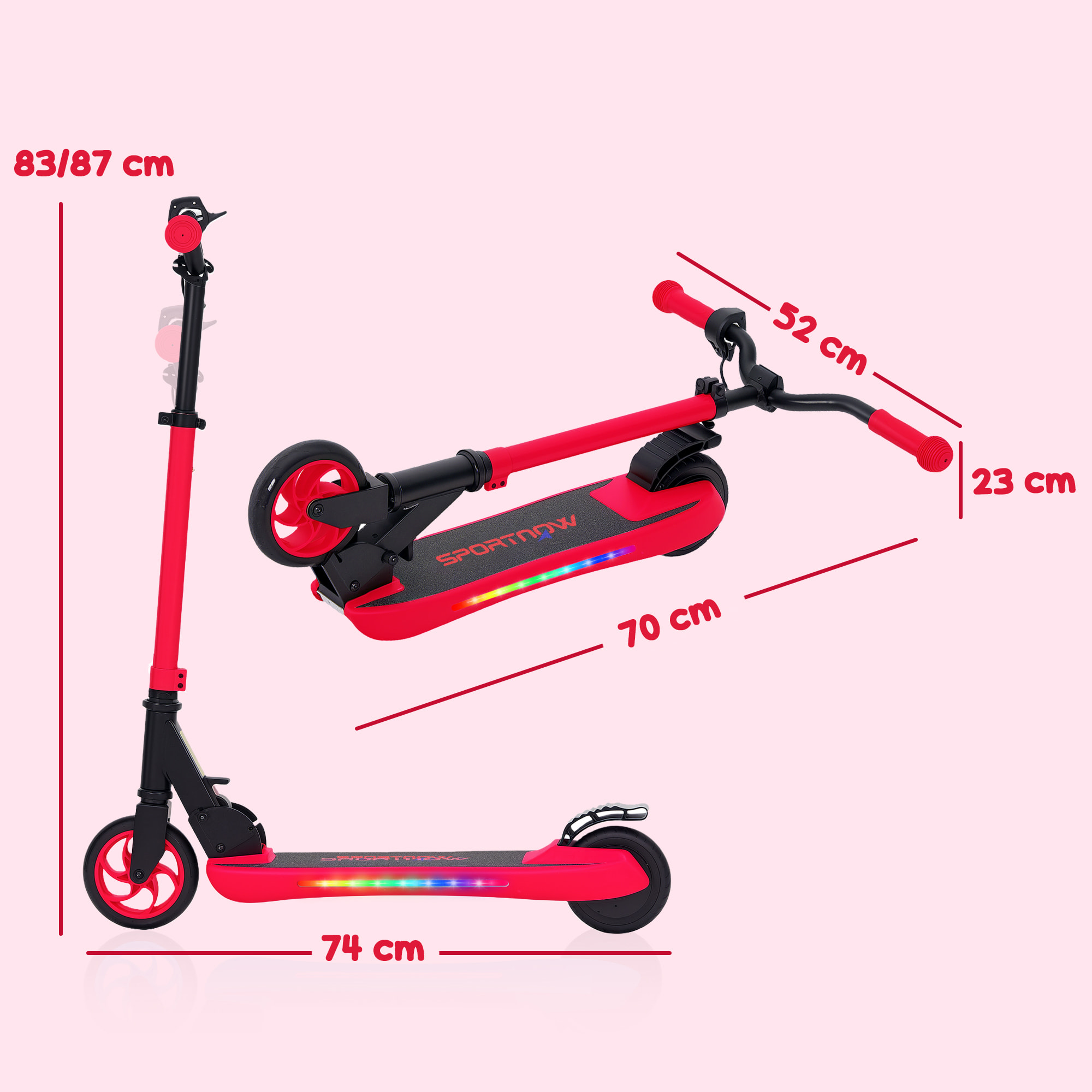 Patinete Eléctrico Plegable MAX 10 KM/H Patín Eléctrico de +6 Años Motor 120 W Autonomía 6 KM Ruedas de 5" - 5,5" Freno Posterior Altura Ajustable Luces LED y Marco de Aluminio Rojo