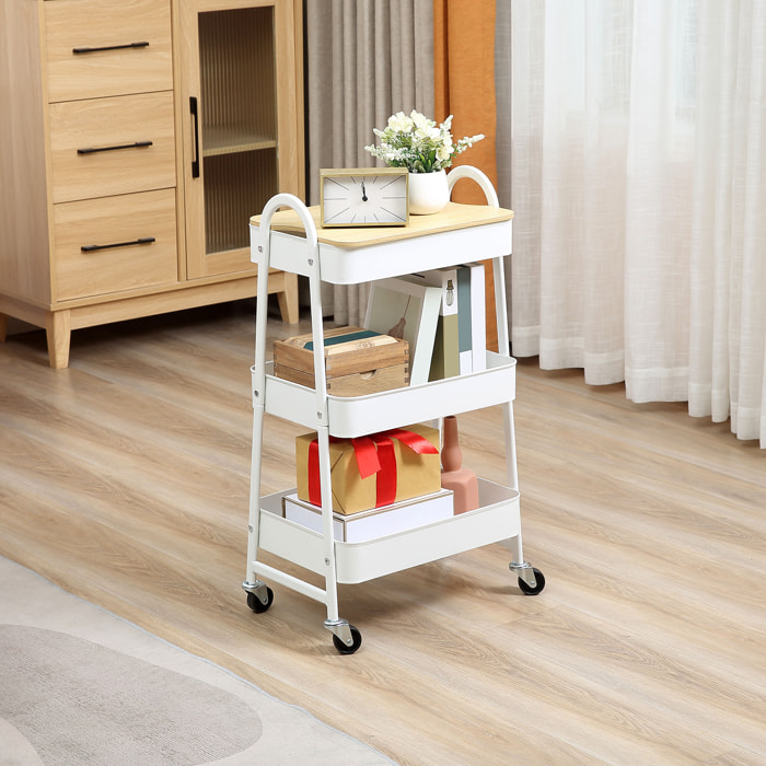 Carrito Auxiliar con Ruedas de 3 Niveles, Carrito de Cocina con 3 Cestas de Acero y 1 Placa de Cubierta, para Comedor, Sala Baño, 45x31x79,4 cm, Blanco