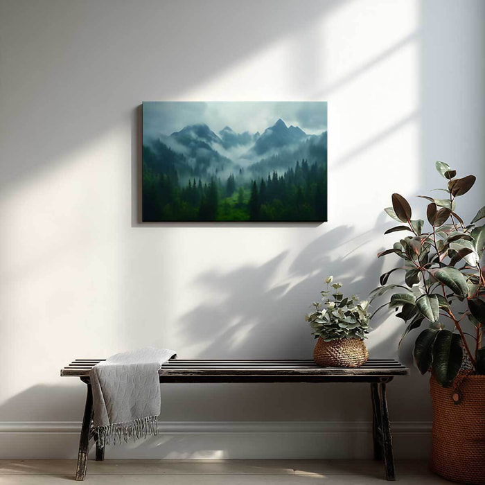 Tableau paysage de montagne brumeuse et forêt verdoyante Toile imprimée