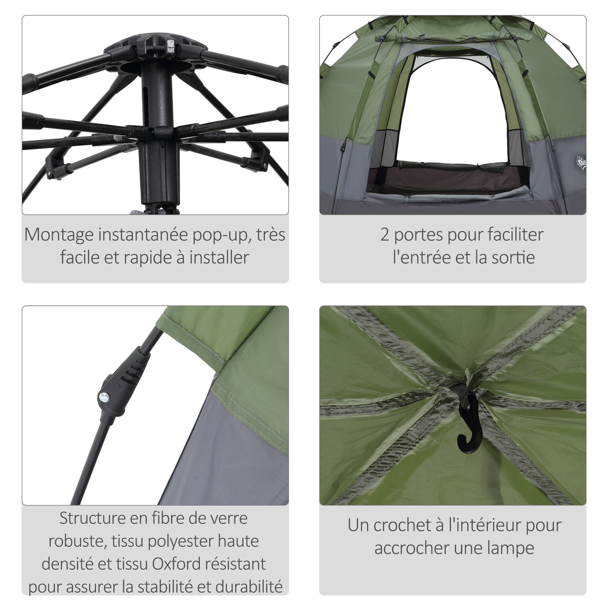 Tente pop up montage instantané - tente de camping 3-4 pers.  - 2 grandes portes - dim. 2,6L x 2,6l x 1,5H m fibre verre polyester oxford vert gris