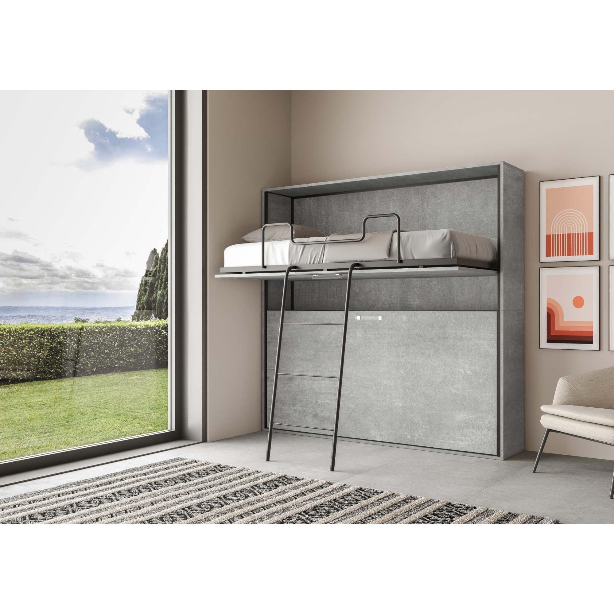 Armoire Lit escamotable horizontal superposé 2 couchages 85 KANDO Ciment avec matelas