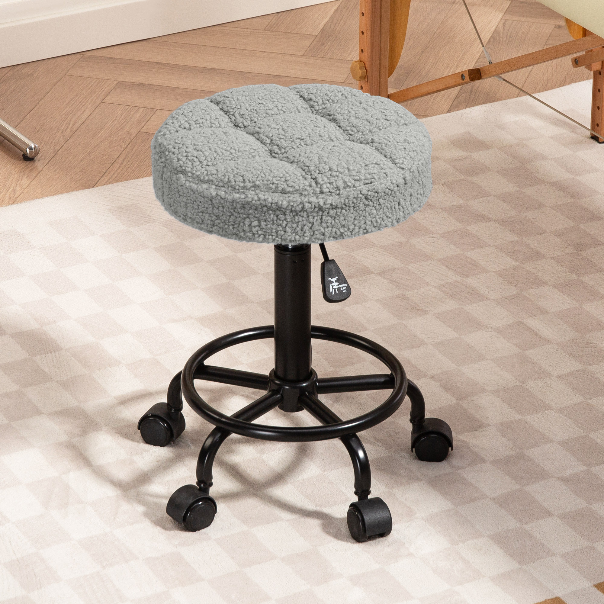 Taburete Giratorio Redondo Taburete con Ruedas Altura Regulable 50-66 cm Asiento Tapizado en Tejido de Borreguito para Salones Talleres Spa Masaje Gris