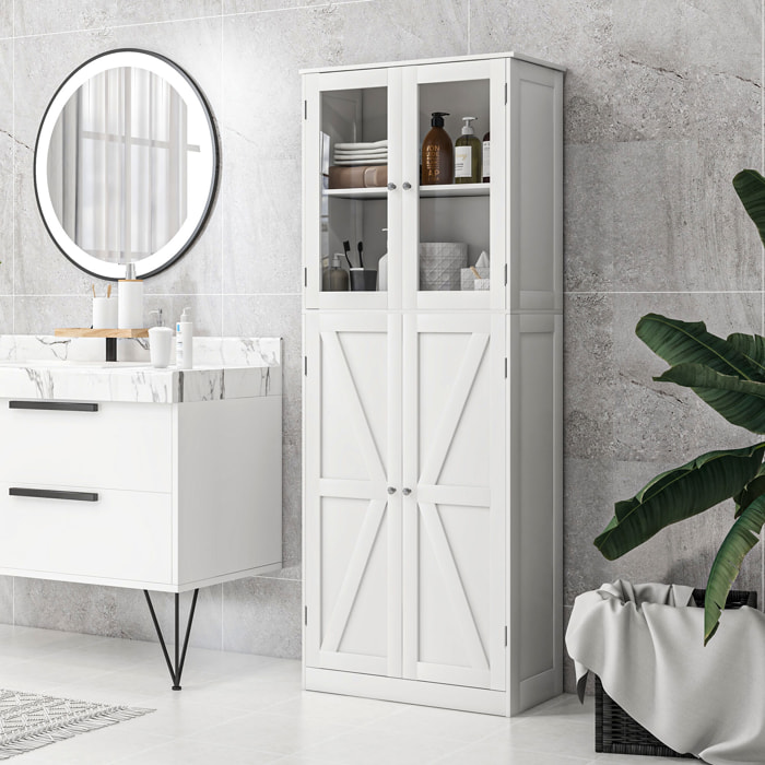 Buffet haut salle de bain moderne - 4 portes, 3 étagères - verre trempé MDF blanc