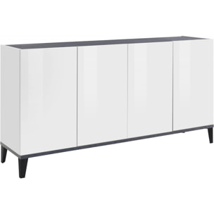 Credenza moderna a 4 ante, Made in Italy, Madia da cucina rialzata, Buffet di design da soggiorno, Cm 160x40h82, Bianco lucido e Ardesia