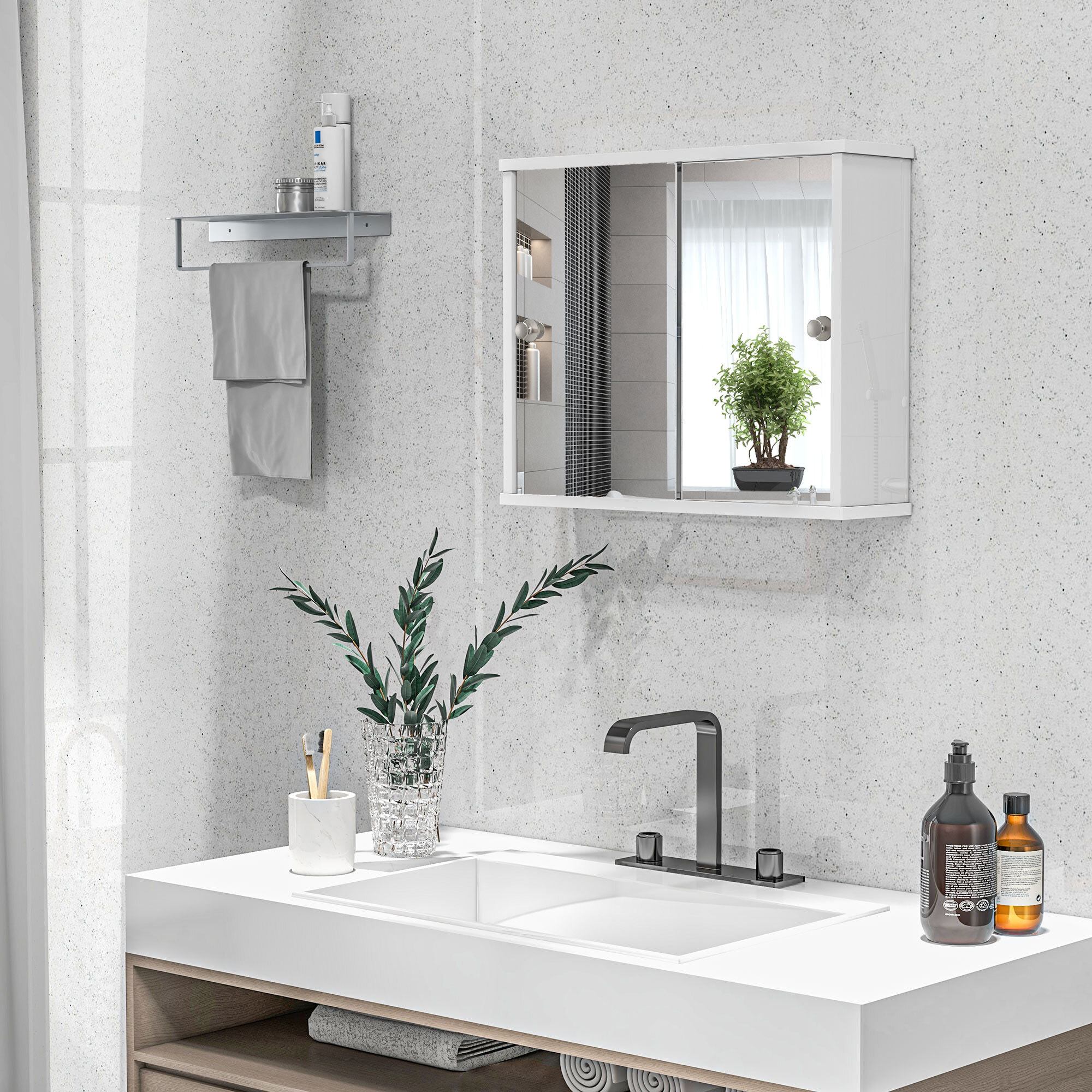 Armario con Espejo de Baño Mueble Colgante para Baño con Estante Ajustable y Puerta Corredera Doble para Dormitorio 55x15x45 cm Blanco Brillante