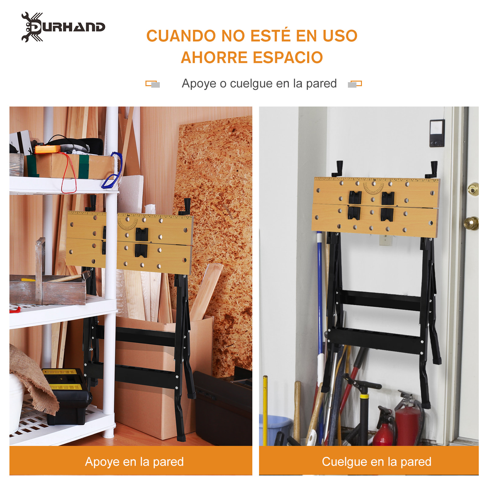 DURHAND Banco de Trabajo Plegable Mesa de Trabajo Portátil con 4 Abrazaderas Agujeros para Sierra Uso Doméstico Carpintería Hierro MDF Soporta 70 kg 56x62x75 cm Natural Negro