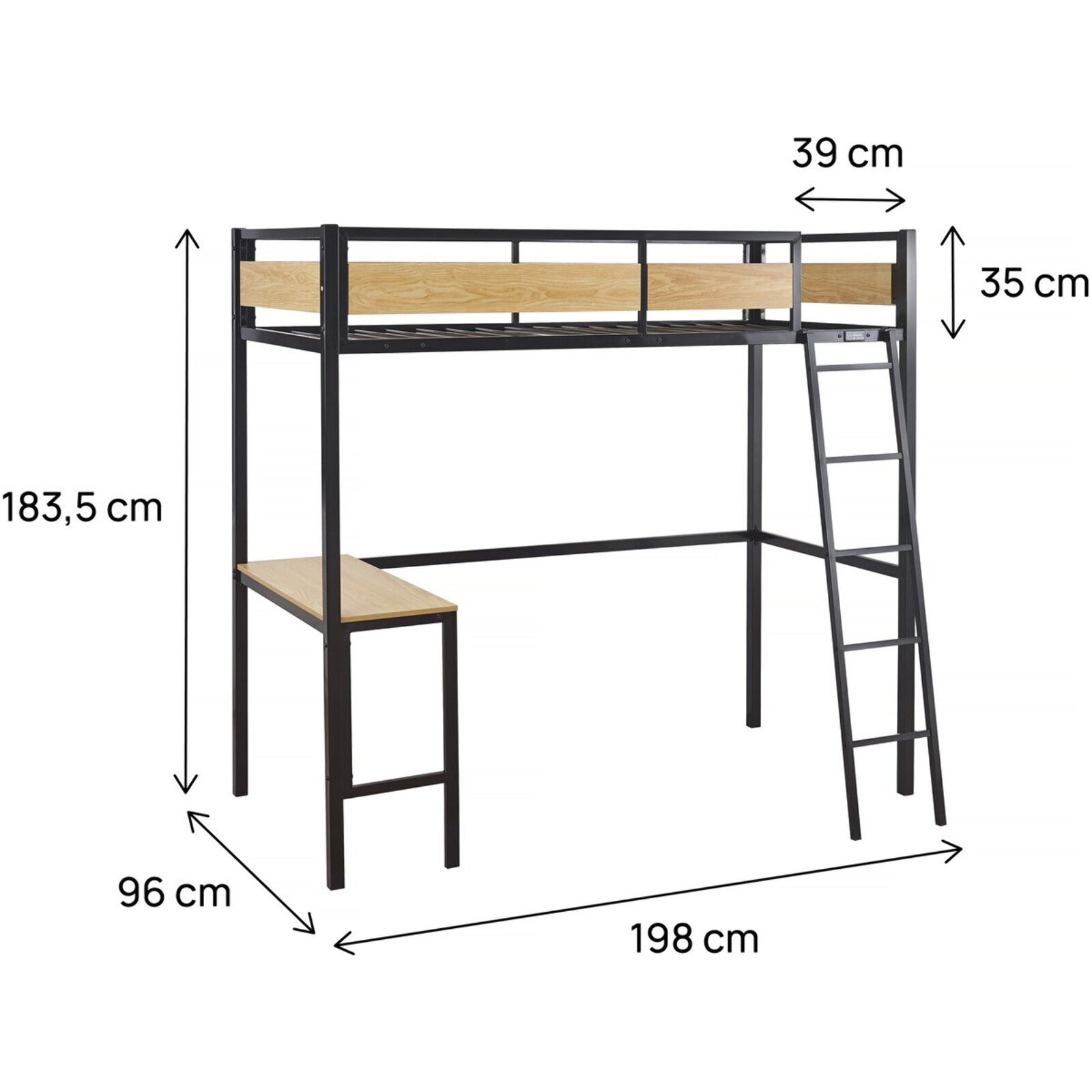 Lit mezzanine avec bureau "Ethan" - 90 x 190 cm - Noir