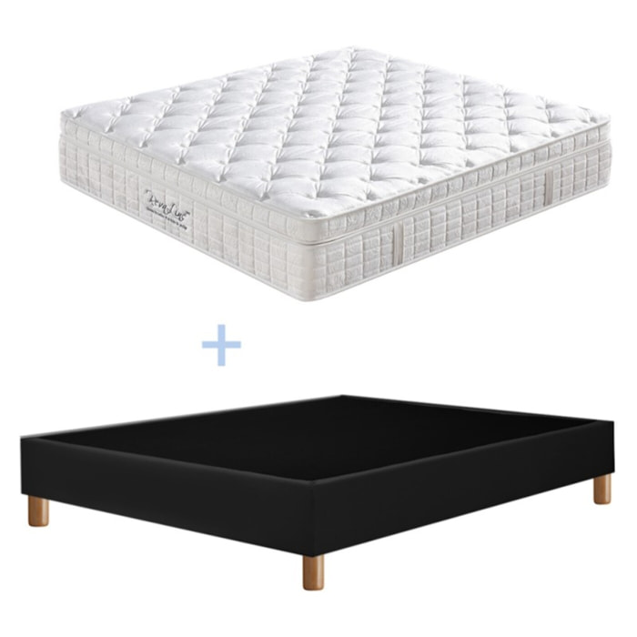 Ensemble Matelas Améthyste & sommier déco| 37 cm | Mémoire de forme, latex et ressorts ensachés | Cadre à lattes |Simili cuir | Noir