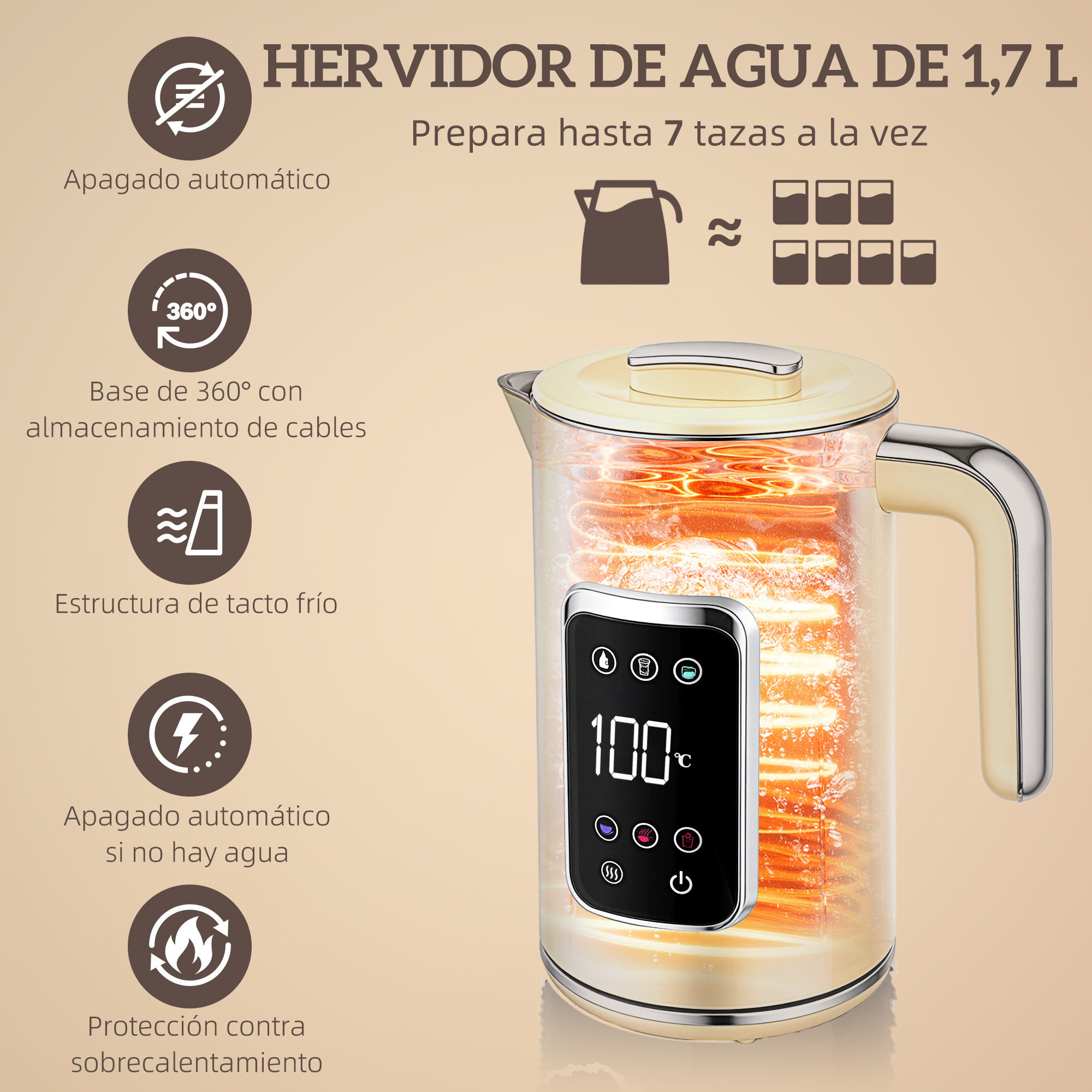 Set Desayuno con Pantalla LED Táctil, Hervidor de Agua 1,7L 2200W, Función Mantener Caliente, Tostadora Pan Ranura Ancha 2 Rebanadas, 6 Niveles Tostado, Crema