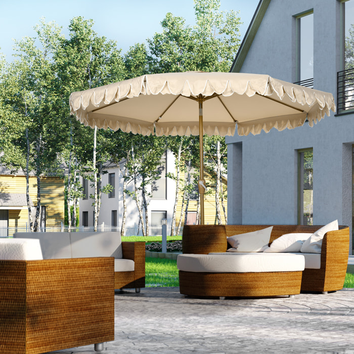 Sombrilla de Terraza Ø264x240 cm Parasol de Jardín con Ángulo Ajustable Manivela y Volantes Impermeable para Playa Patio Balcón Caqui