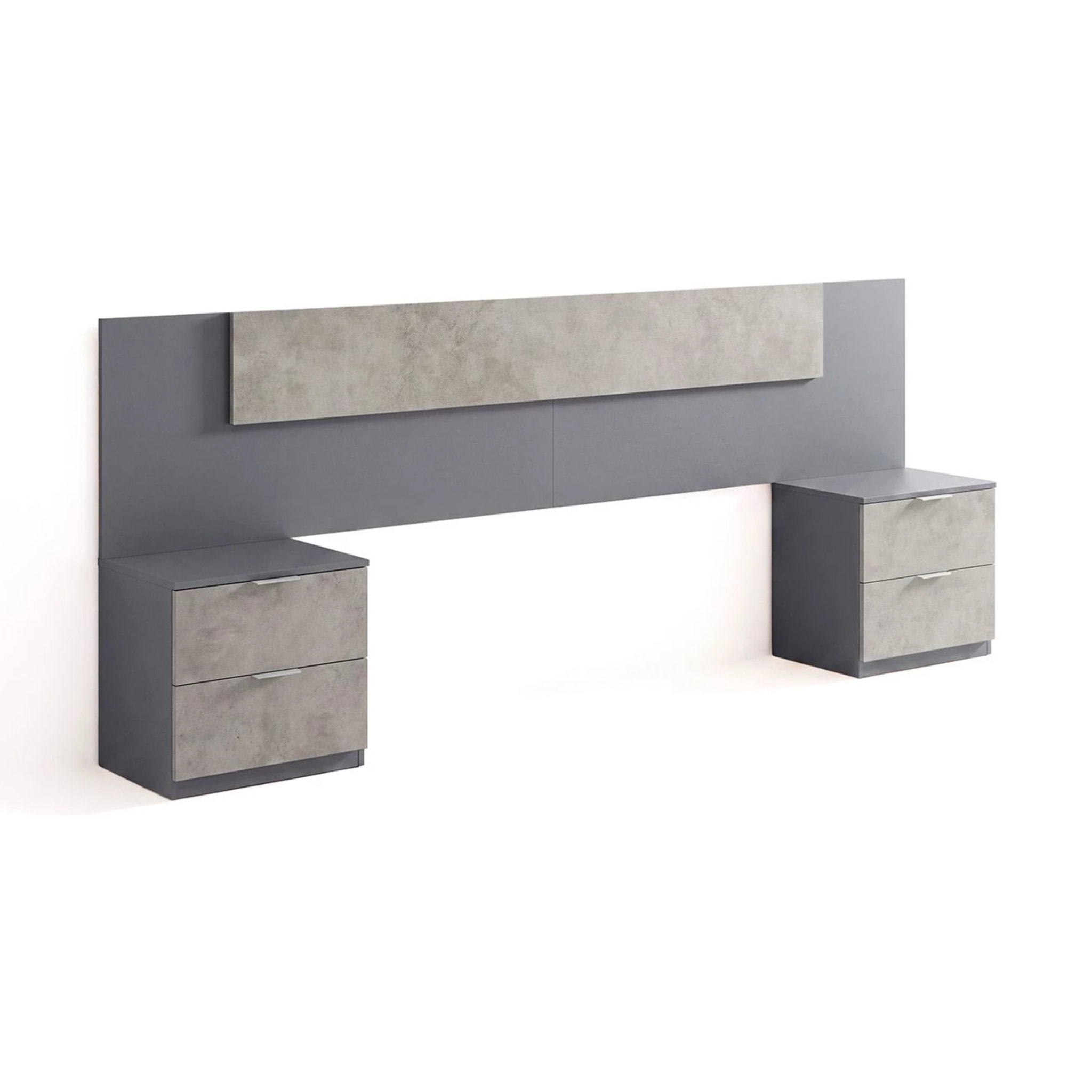 Cabecero para cama de 135-150 cm y 2 mesitas con cajones en gris grafito y gris cemento Akari Gris Grafito - Gris Cemento