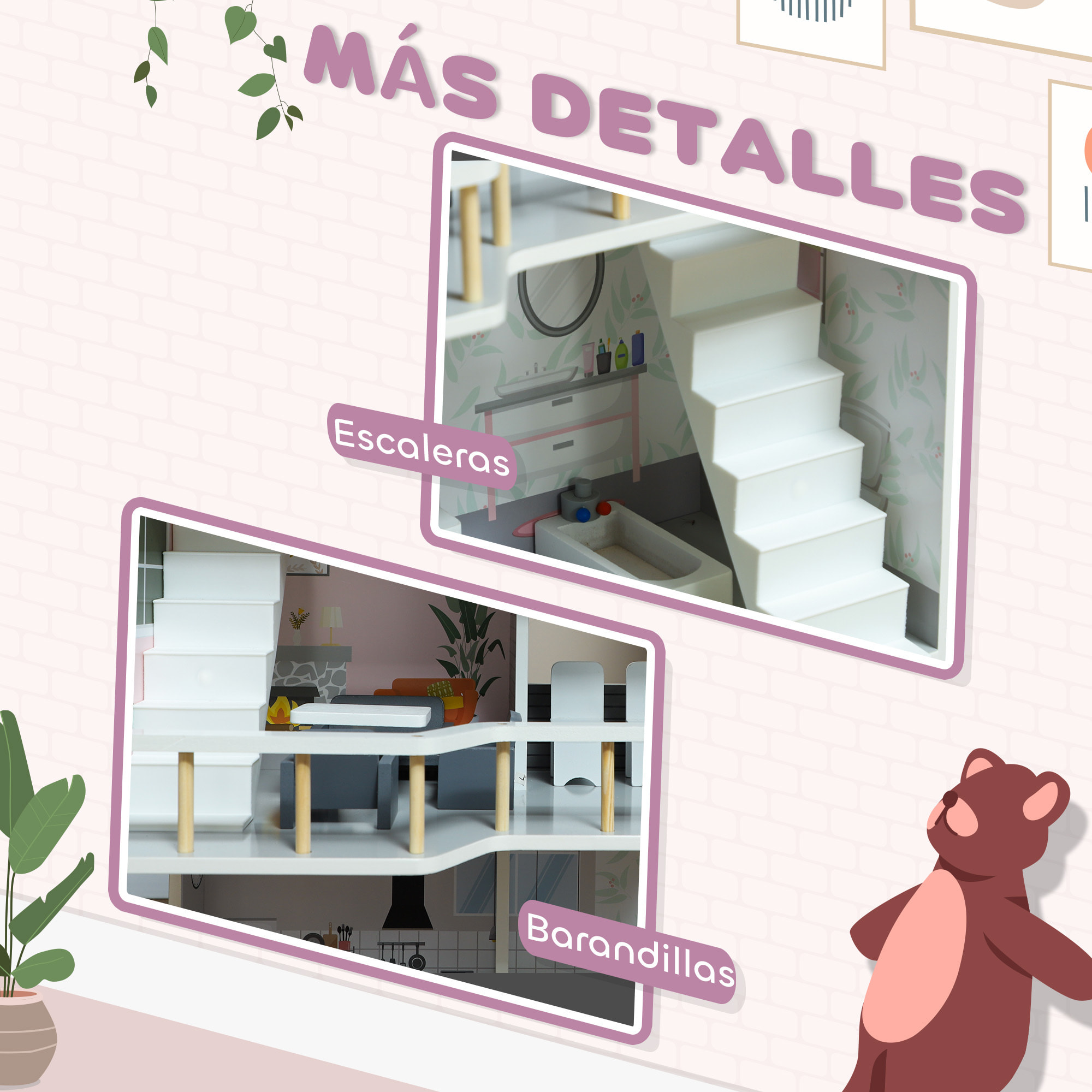 Casa de Muñecas con Muebles y Accesorios Casa de Muñecas de Madera de 3 Pisos Juguete para Niños y Niñas a Partir de 3 Años Gris