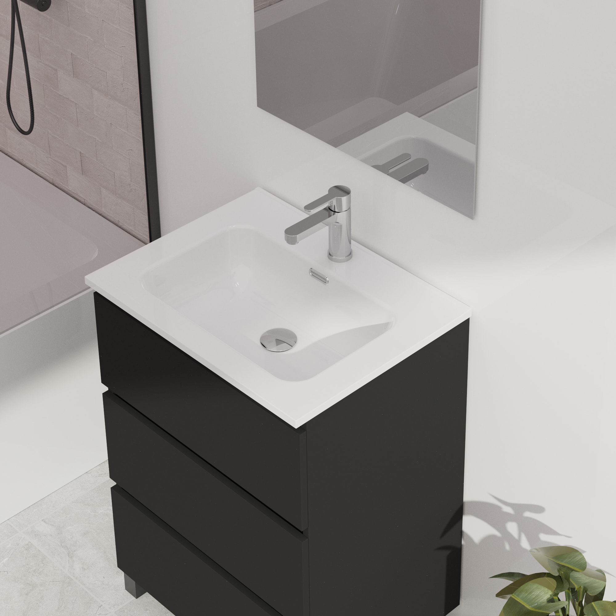 Conjunto de baño Wink | 60 cm Negro Mate | Tres cajones | Lavabo encastrado | No incluye espejo | Mueble montado | Alday