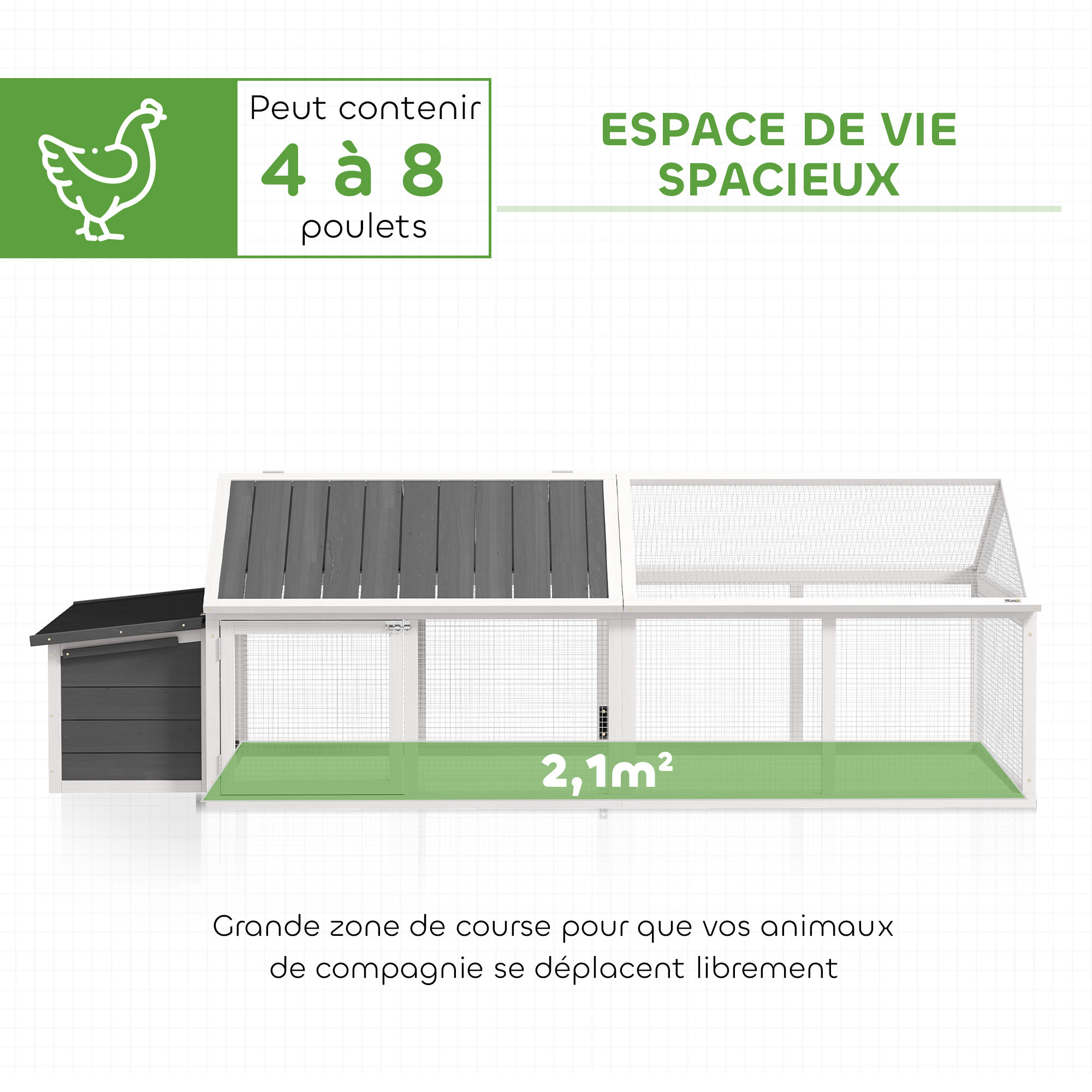 Poulailler espace couvert pondoir 2 zones - porte, toit ouvrant - 2,4 x 1,12 x 0,76 m - bois gris blanc