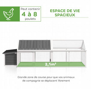 Poulailler espace couvert pondoir 2 zones - porte, toit ouvrant - 2,4 x 1,12 x 0,76 m - bois gris blanc