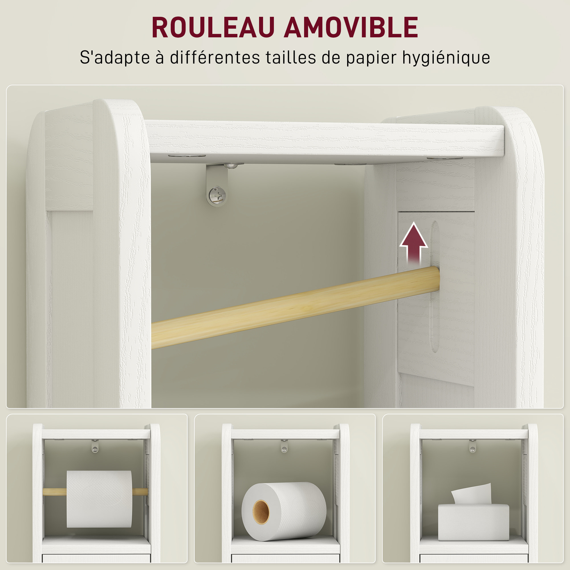 Support papier toilette - armoire pour papier toilette - 2 niveaux + rouleau papier effet bois blanc