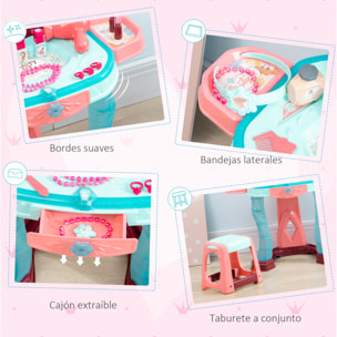 Tocador de Juguete para Niñas de +3 Años con Taburete Espejo Luz Música y Secador Incluye 31 Accesorios Tocador de Maquillaje 57x34x76 cm Multicolor