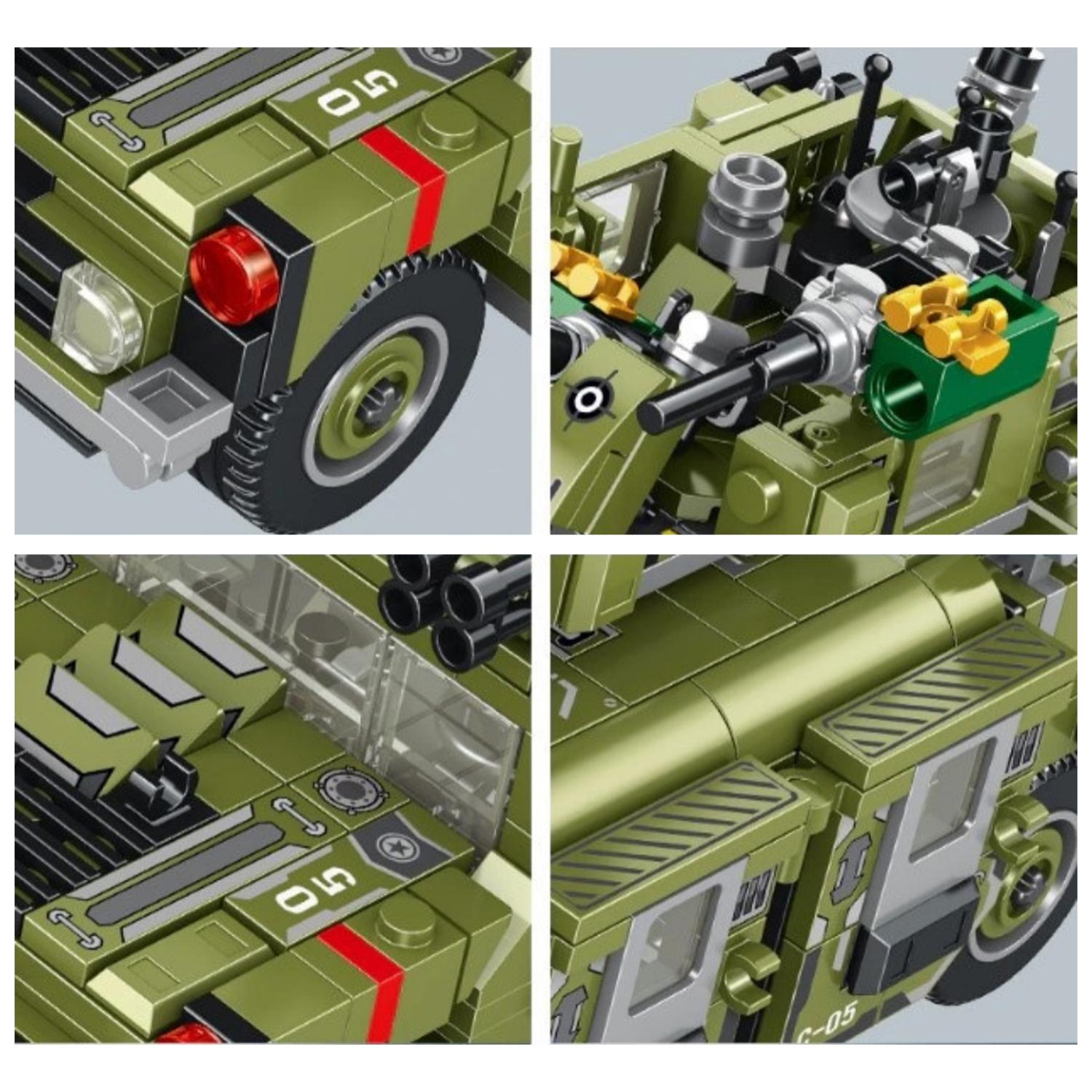 Veicolo militare da combattimento 8 in 1, con 745 pezzi. Costruisci 8 modelli individuali, con 3 forme ciascuno.