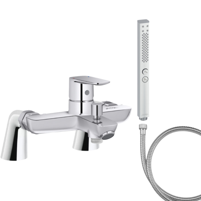 Mitigeur baignoire July+ + pommeau de douche Shift+ carré + flexible de douche métal + colonnettes