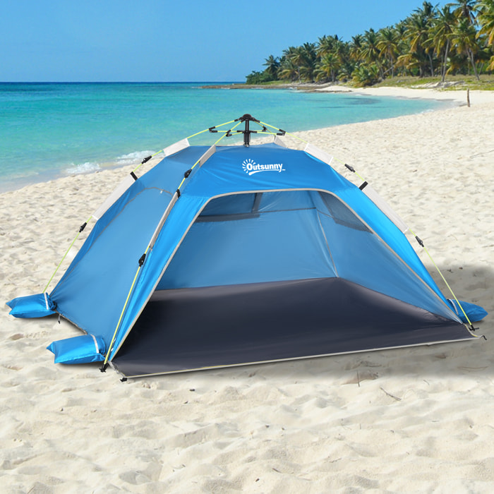 Abri de camping tente de plage instantanée portable 2 fenêtres porte zippée lestage polyester bleu