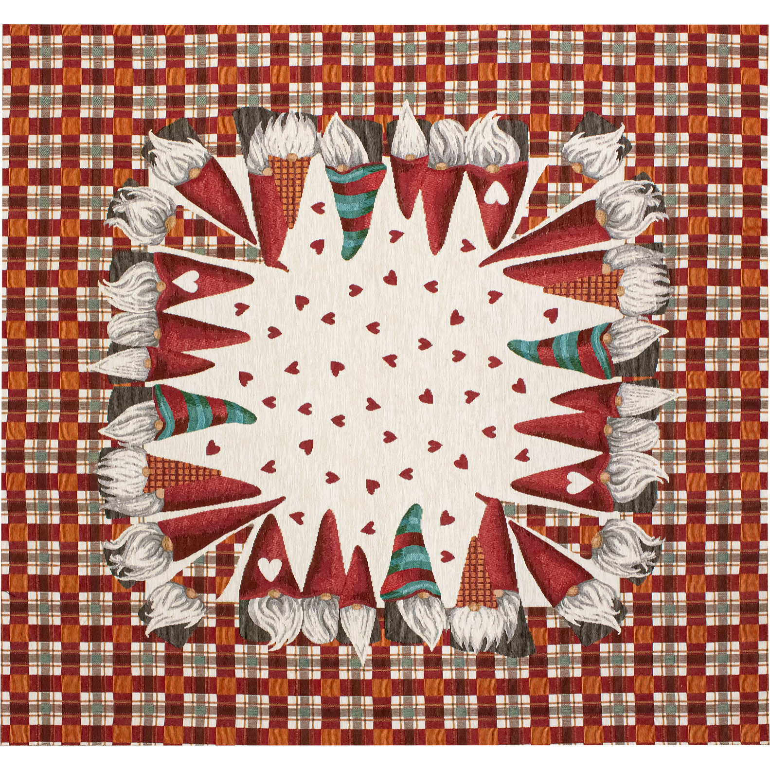 CENTROTAVOLA NATALIZIO JACQUARD GNOMI SCOTTISH FAMILY ROSSO
