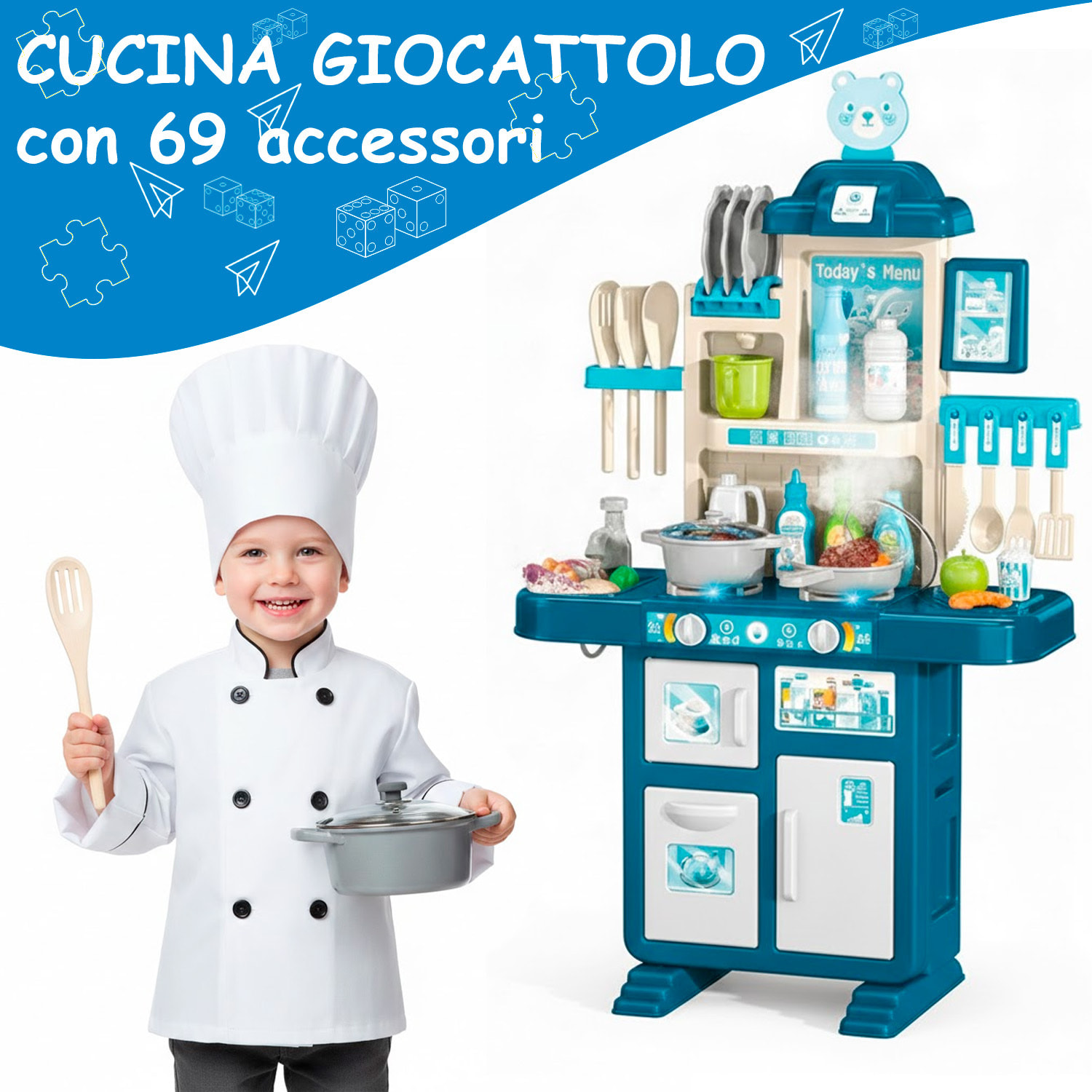 Cucina Giocattolo Per Bambini Con Luci E Suoni Realistici 69 Accessori Rubinetto Con Sistema Di Riciclo Dell'Acqua E Fornelli 3-5 Anni Blu e Bianco