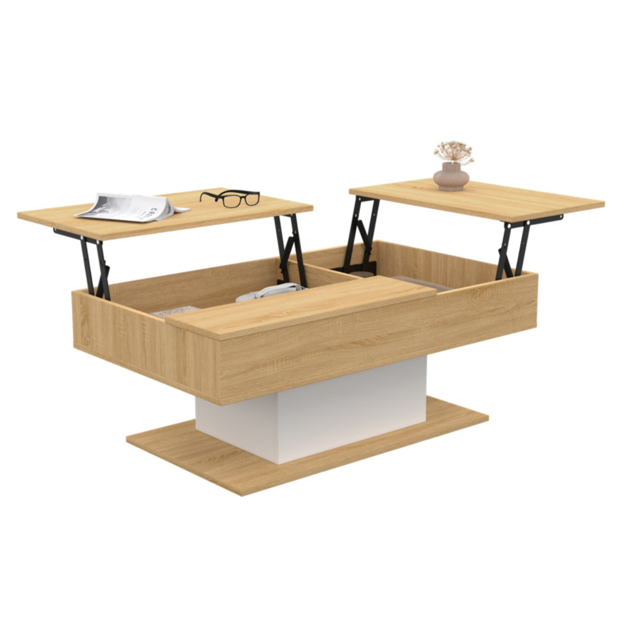 Table basse Tania double plateau relevable bois et blanc