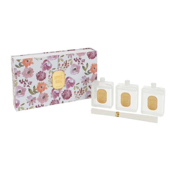 J-Line huile parfumée + bâtons - Happiness Bloom - verre - blanc - boîte de 3