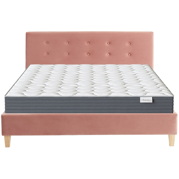 Ensemble lit 140x190cm + matelas Memo HR avec tête de lit capitonnée en velours rose blush - sommier à lattes - Milo