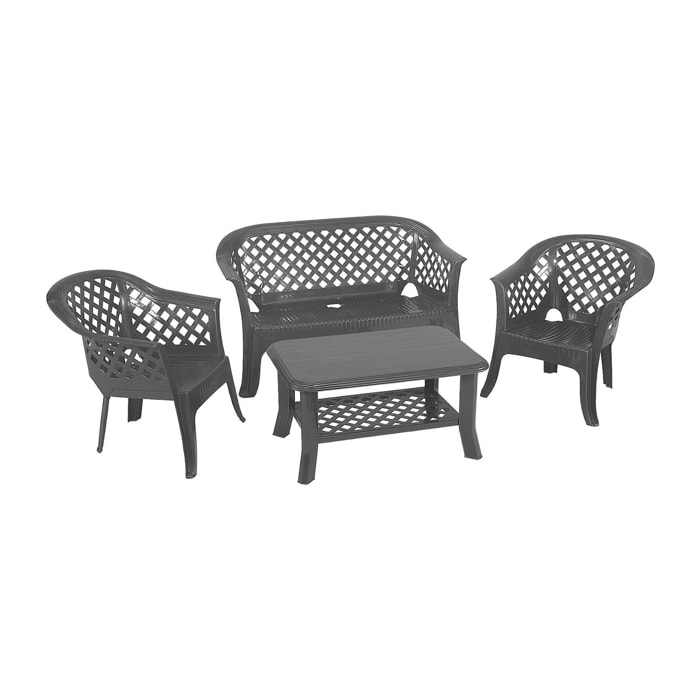 Set salotto da esterno Adone, Composizione da giardino con 2 poltrone, 1 panchina ed 1 tavolino, Salottino indoor ed outdoor, 100% Made in Italy, Antracite