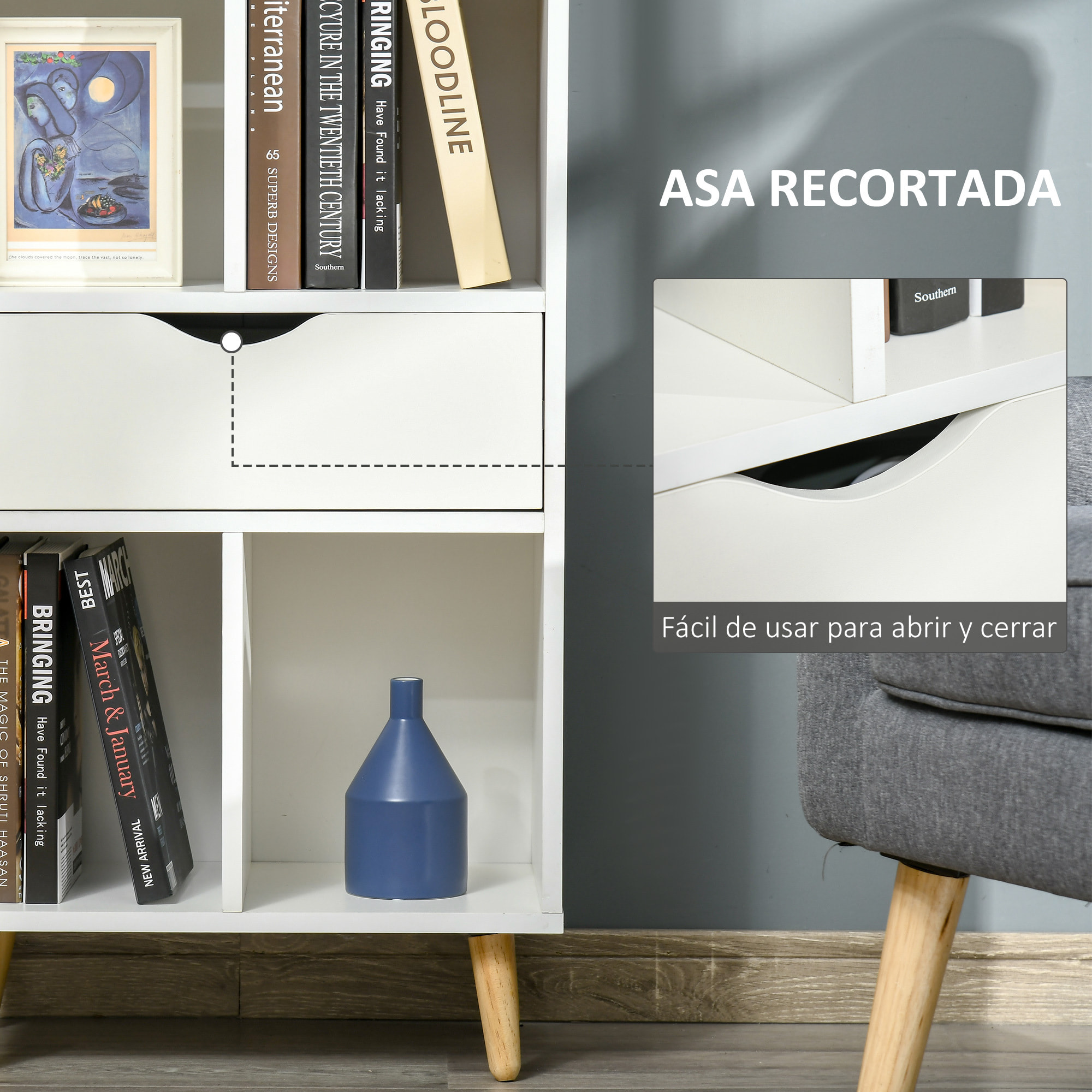 HOMCOM Estantería Librería con 6 Compartimentos Abiertos 1 Cajón y Patas de Madera para Almacenamiento de Libros Juguetes CDs Plantas 50x29,5x120 cm Blanco