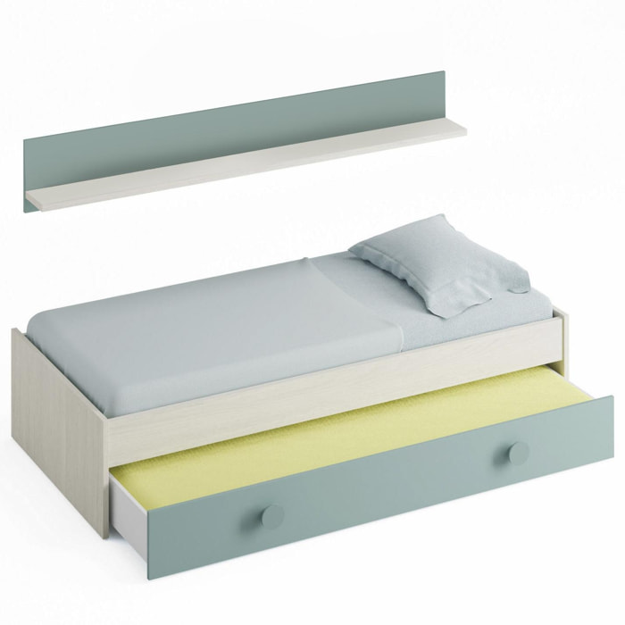 Letto singolo Lubbock, Struttura letto per cameretta, Letto con lettino estraibile o cassettone e mensola abbinata, cm 201x98h43, Bianco e Verde acqua