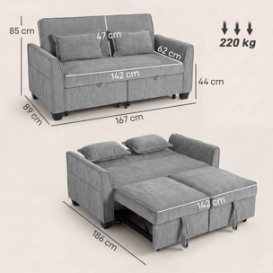 Sofá Cama 2 Plazas 4 en 1, Sofá Cama de Chenilla con 2 Módulos Extraíbles Independientes, Respaldo Ajustable 3 Niveles, 2 Cojines, 6 Bolsillos Laterales, Cama 142x186 cm, para Salón, Gris