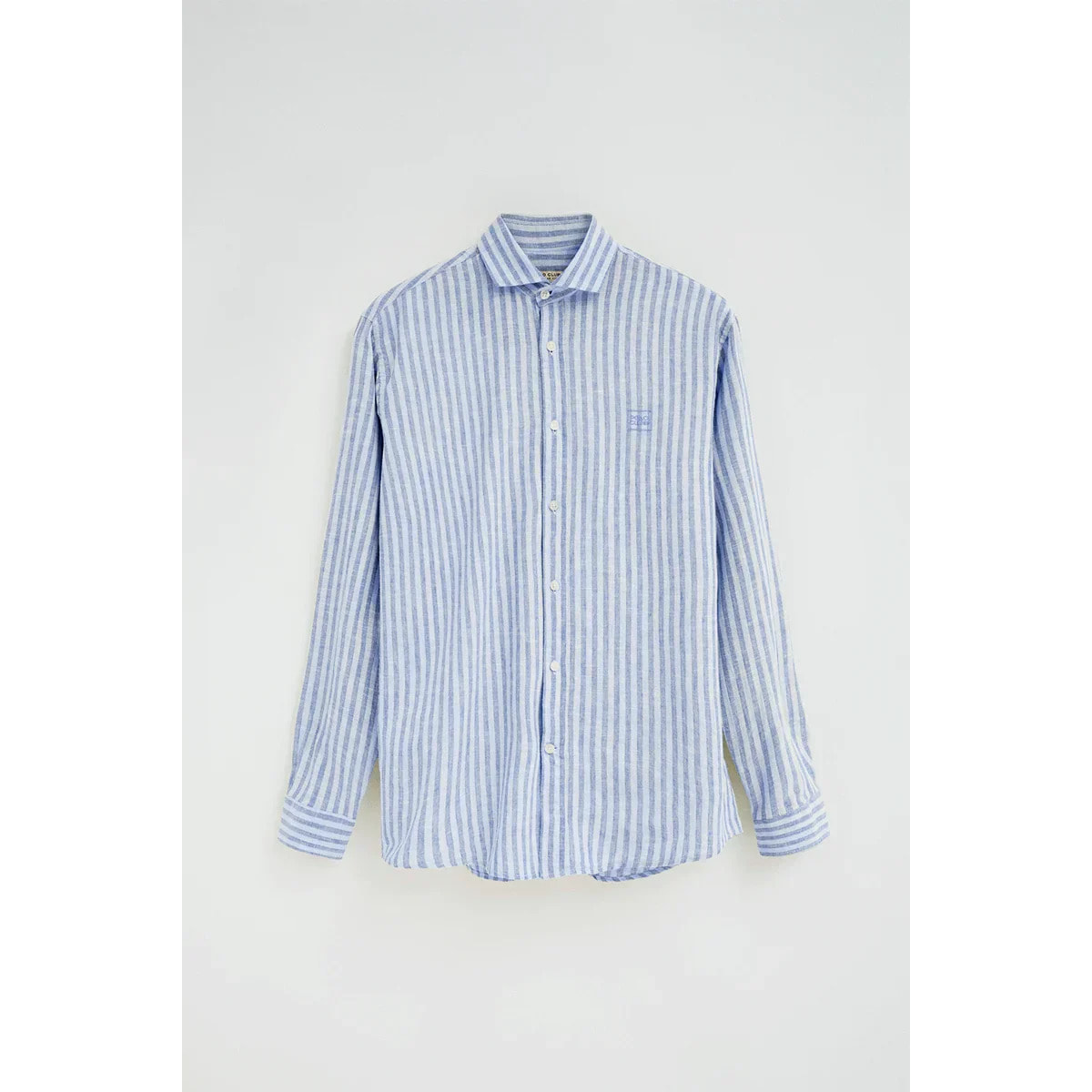 Camisa de rayas cotolino azul con cuello italiano y logo Polo Club