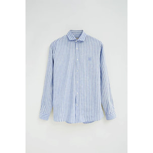 Camisa de rayas cotolino azul con cuello italiano y logo Polo Club