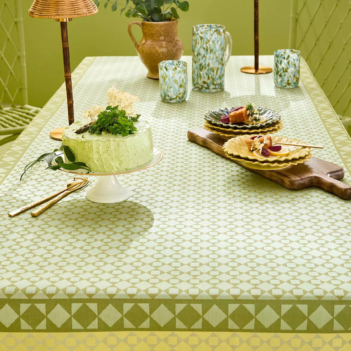 Nappe anti tache pur coton motif jacquard Le sud vert
