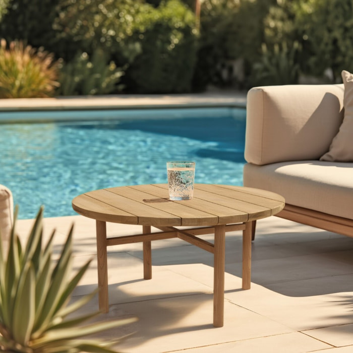 KALLY - Table basse de jardin ronde en bois de teck recyclé naturel D80cm