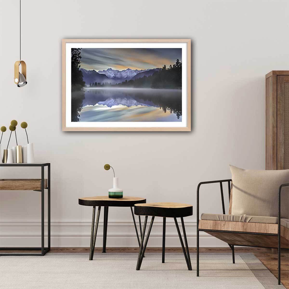 Affiche paysage matin enneigé Affiche + cadre en bois - Chêne