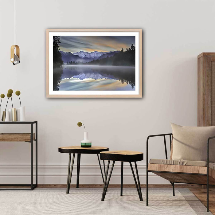 Affiche paysage matin enneigé Affiche + cadre en bois - Chêne