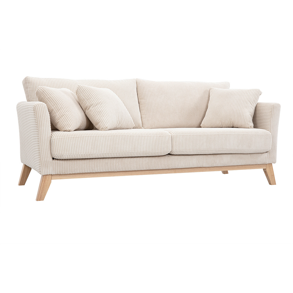 Canapé scandinave déhoussable 3 places en tissu velours côtelé beige et bois clair OSLO